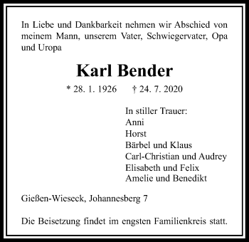 Traueranzeige von Karl Bender von Giessener Allgemeine, Alsfelder Allgemeine