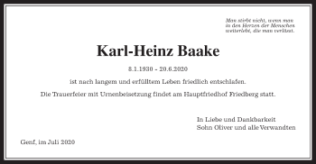 Traueranzeige von Karl-Heinz Baake von Wetterauer Zeitung