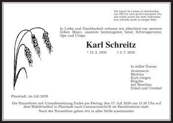 Traueranzeige von Karl Schreitz von Wetterauer Zeitung