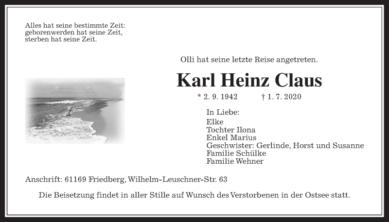 Traueranzeige für Karl Heinz Claus vom 11.07.2020 aus Wetterauer Zeitung