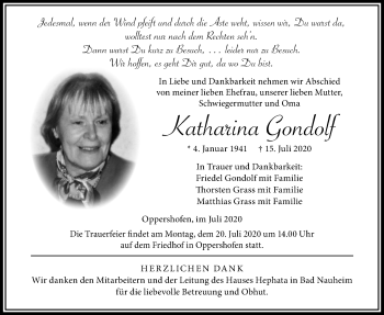 Traueranzeige von Katharina Gondolf von Wetterauer Zeitung