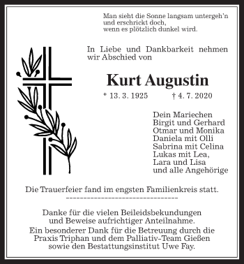 Traueranzeige von Kurt Augustin von Pohlheimer Nachrichten