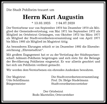 Traueranzeige von Kurt Augustin von Pohlheimer Nachrichten