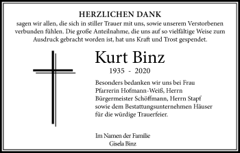 Traueranzeige von Kurt Binz von Giessener Allgemeine, Alsfelder Allgemeine