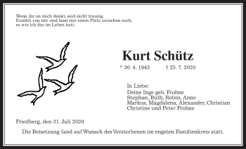 Traueranzeige von Kurt Schütz von Wetterauer Zeitung