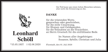 Traueranzeige von Leonhard Schöll von Wetterauer Zeitung