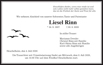 Traueranzeige von Liesel Rinn von Giessener Allgemeine, Alsfelder Allgemeine