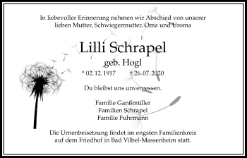 Traueranzeige von Lilli Schrapel von Bad Vilbel/Karben