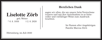 Traueranzeige von Liselotte Zörb von Giessener Allgemeine, Alsfelder Allgemeine