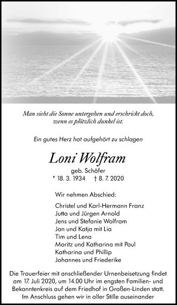Traueranzeige von Loni Wolfram von Giessener Allgemeine, Alsfelder Allgemeine