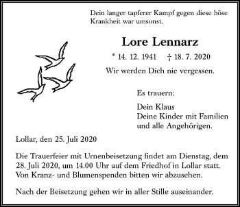 Traueranzeige von Lore Lennarz von Giessener Allgemeine, Alsfelder Allgemeine