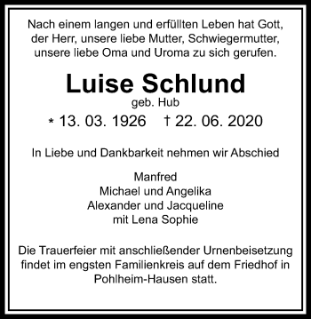 Traueranzeige von Luise Schlund von Giessener Allgemeine, Alsfelder Allgemeine