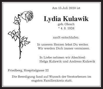 Traueranzeige von Lydia Kulawik von Wetterauer Zeitung