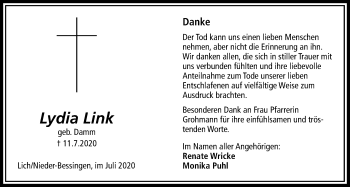 Traueranzeige von Lydia Link von Licher Wochenblatt