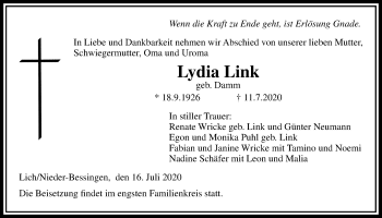 Traueranzeige von Lydia Link von Licher Wochenblatt