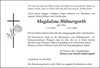 Traueranzeige von Magdalene Hühnergarth von Licher Wochenblatt