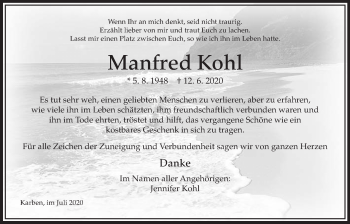 Traueranzeige von Manfred Kohl von Wetterauer Zeitung