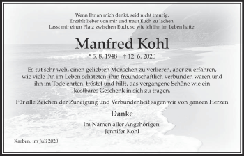 Traueranzeige von Manfred Kohl von Bad Vilbel/Karben