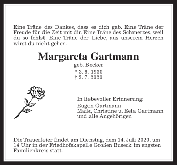 Traueranzeige von Margareta Gartmann von Wetterauer Zeitung, Giessener Allgemeine, Alsfelder Allgemeine