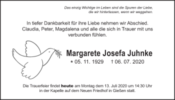 Traueranzeige von Margarete Josefa Juhnke von Giessener Allgemeine, Alsfelder Allgemeine