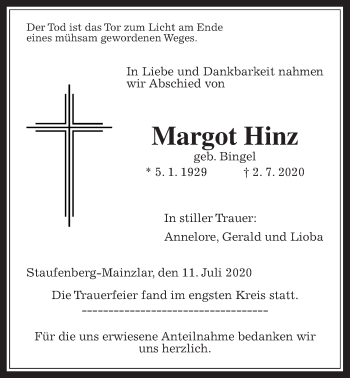 Traueranzeige von Margot Hinz von Giessener Allgemeine, Alsfelder Allgemeine
