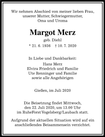 Traueranzeige von Margot Merz von Giessener Allgemeine, Alsfelder Allgemeine