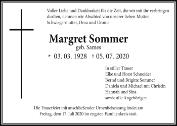Traueranzeige von Margret Sommer von Giessener Allgemeine, Alsfelder Allgemeine