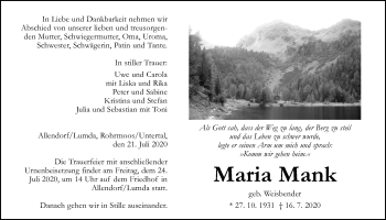 Traueranzeige von Maria Mank von Giessener Allgemeine, Alsfelder Allgemeine