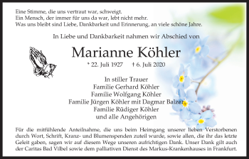Traueranzeige von Marianne Köhler von Bad Vilbel/Karben