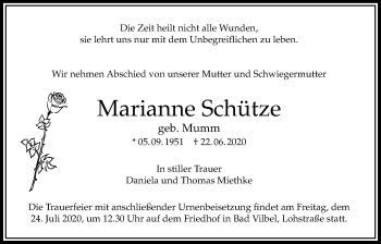 Traueranzeige von Marianne Schütze von Bad Vilbel/Karben