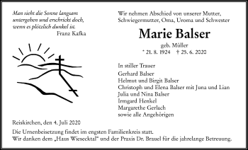 Traueranzeige von Marie Balser von Giessener Allgemeine, Alsfelder Allgemeine