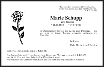 Traueranzeige von Marie Schupp von Giessener Allgemeine, Alsfelder Allgemeine