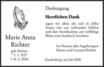 Traueranzeige von Marie Anna Richter von Giessener Allgemeine, Alsfelder Allgemeine