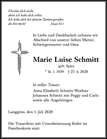 Traueranzeige von Marie Luise Schmitt von Giessener Allgemeine, Alsfelder Allgemeine