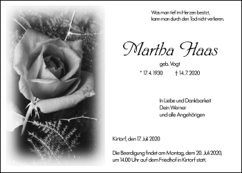 Traueranzeige von Martha Haas von Alsfelder Allgemeine