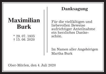 Traueranzeige von Maximilian Burk von Wetterauer Zeitung