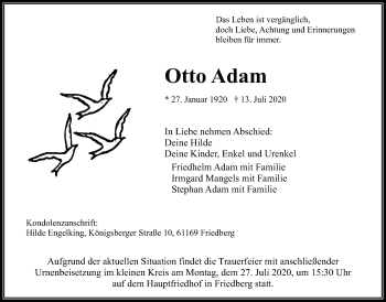Traueranzeige von Otto Adam von Wetterauer Zeitung