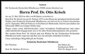 Traueranzeige von Otto Krisch von Wetterauer Zeitung, Giessener Allgemeine, Alsfelder Allgemeine