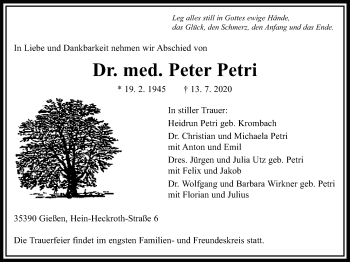 Traueranzeige von Peter Petri von Giessener Allgemeine, Alsfelder Allgemeine