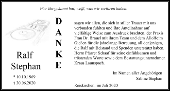 Traueranzeige von Ralf Stephan von Giessener Allgemeine, Alsfelder Allgemeine