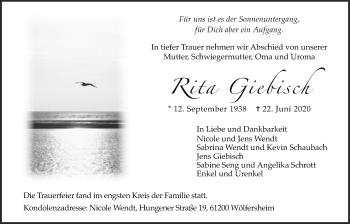 Traueranzeige von Rita Giebisch von Wetterauer Zeitung