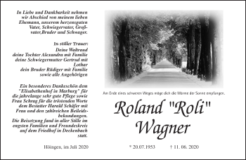 Traueranzeige von Roland Wagner von Giessener Allgemeine, Alsfelder Allgemeine