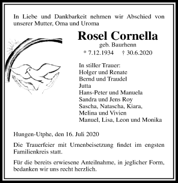 Traueranzeige von Rosel Cornella von Licher Wochenblatt