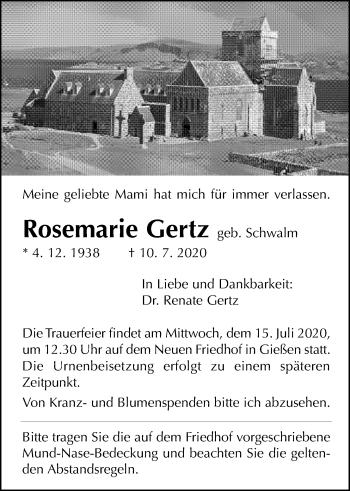 Traueranzeige von Rosemarie Gertz von Giessener Allgemeine, Alsfelder Allgemeine
