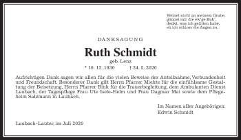 Traueranzeige von Ruth Schmidt von Laubacher Anzeiger