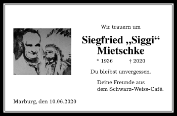 Traueranzeige von Siegfried Mietschke von Sonntag-Morgenmagazin