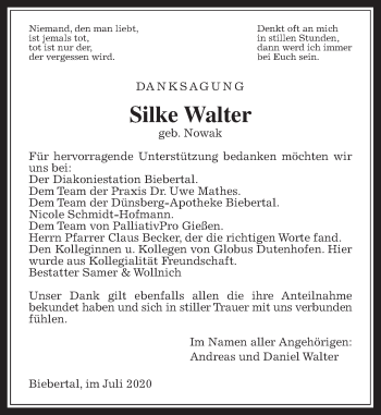 Traueranzeige von Silke Walter von Wetterauer Zeitung, Giessener Allgemeine, Alsfelder Allgemeine