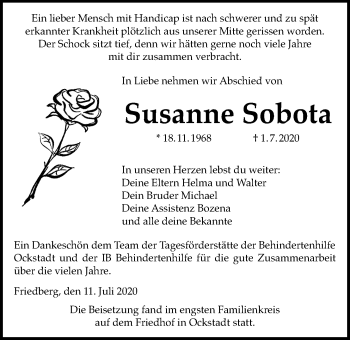 Traueranzeige von Susanne Sobota von Wetterauer Zeitung