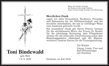 Traueranzeige von Toni Bindewald von Wetterauer Zeitung
