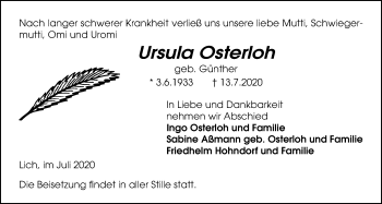 Traueranzeige von Ursula Osterloh von Licher Wochenblatt